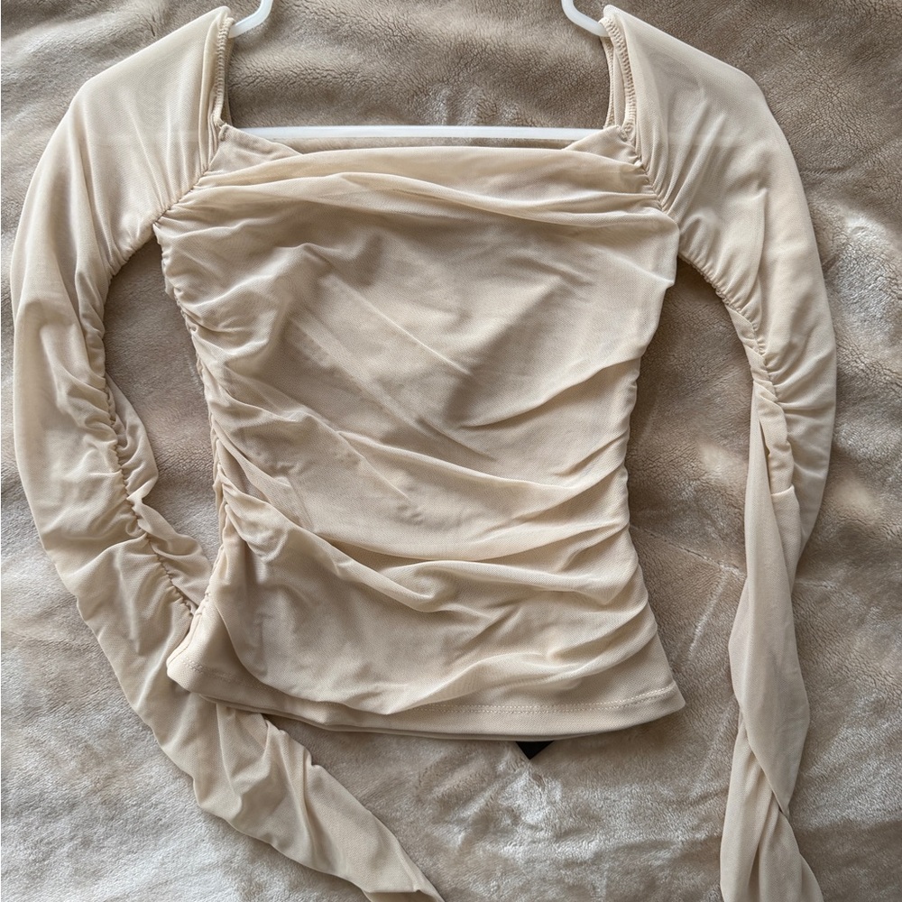 White Fox Boutique Beige Ballet Mesh Long Sleeve Ruched Top🩰